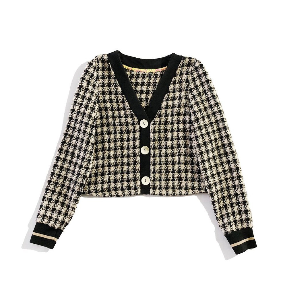 Zara Womens Black Cream Jacquard Faux Buttons Long Sleeve Short Cardigan